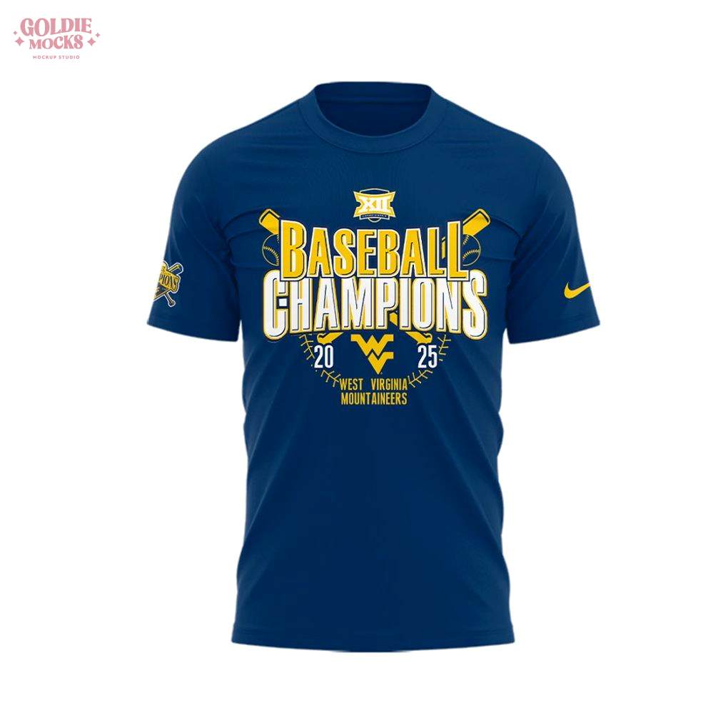 West Virginia Mountaineers 2025 Big 12 Baseball Champions Navy T-Shirt West Virginia Mountaineers 2025 Big 12 Baseball Champions Navy T-Shirt