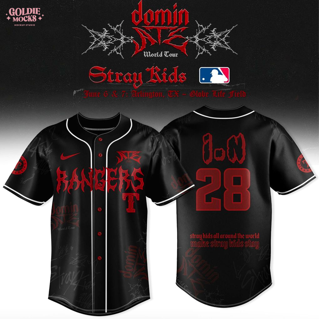 Texas Rangers x Stray Kids Dominate World Tour 2025 All Team Jersey Texas Rangers x Stray Kids Dominate World Tour 2025 All Team Jersey