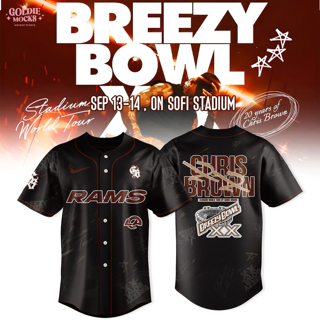 Los Angeles Rams x Breezy Bowl XX Tour 2025 Black Baseball Jersey Los Angeles Rams x Breezy Bowl XX Tour 2025 Black Baseball Jersey