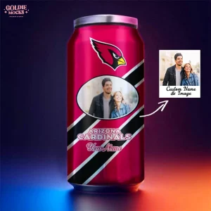 A studio shot of the custom NFL Arizona Cardinals tumbler, highlighted with red and blue lights to showcase its vibrant design.