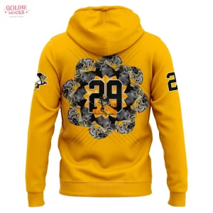 Back of the yellow Marc-Andre Fleury hoodie showing his number 29 inside a circular design of his goalie mask.