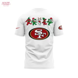 Back of the white SF 49ers shirt with the team logo below a row of dancing Grateful Dead bears in Christmas attire.
