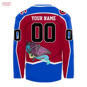 The customizable back of the Colorado Avalanche Hispanic Heritage jersey with a large purple butterfly graphic and space for a name and number.