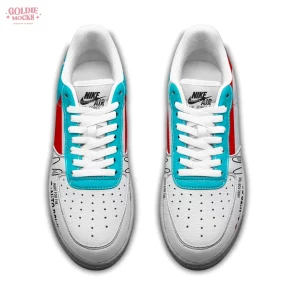 Top-down aerial view of the Bad Bunny Benito Bowl custom Air Force 1s, showing the toe box, laces, and red and blue details.