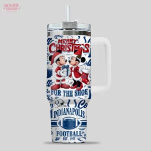 Front view of the Indianapolis Colts Christmas tumbler featuring festive Mickey and Minnie Mouse and team logos.