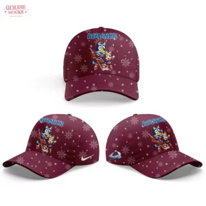 Three angles of a matching maroon baseball cap with a snowflake pattern, featuring Bluey and Bingo playing hockey.