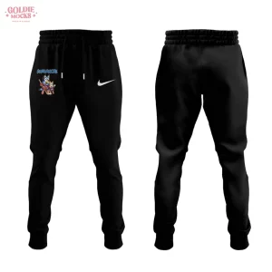 Front and back view of black jogger pants with a small graphic of Bluey and Bingo playing hockey for the Avalanche.