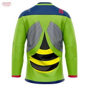 The back of the Columbus Blue Jackets Stinger jersey, featuring a design of grey bee wings and yellow and black stripes.
