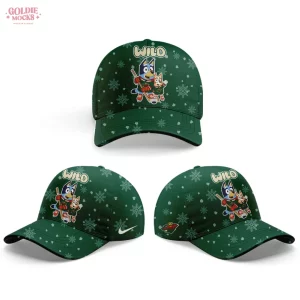 Three angles of the matching green cap with a snowflake pattern, featuring Bluey and Bingo playing hockey and the Wild logo.