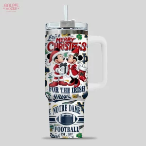 Side view of the Notre Dame Christmas tumbler showing Mickey and Minnie Mouse exchanging gifts in festive Santa outfits.