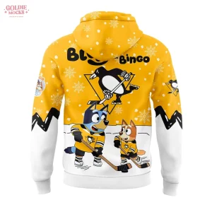 Back of the yellow Pittsburgh Penguins hoodie showing Bluey and Bingo playing hockey, the team logo, and a snowflake design.