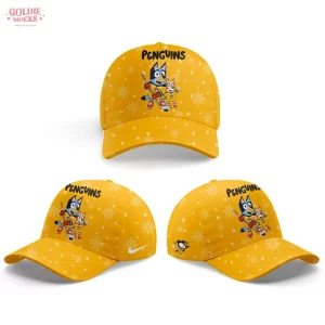 Three angles of a yellow Pittsburgh Penguins baseball cap featuring Bluey and Bingo playing hockey with a snowflake pattern.