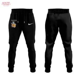 Front and back view of black sweatpants with a small Pittsburgh Penguins Bluey and Bingo hockey graphic on the right thigh.