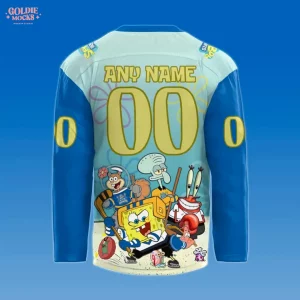 A back view of the Roanoke Rail Yard Dawgs SpongeBob hockey jersey, with a custom name and number above the SpongeBob crew.