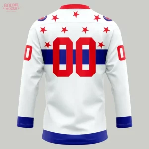 Back of the white Rochester Americans 2025 hockey jersey showing the customizable number 00 in red over a blue stripe.