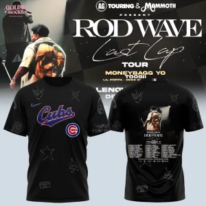 Front and back view of the black Rod Wave x Chicago Cubs 2025 tour t-shirt featuring the Cubs logo and tour dates.