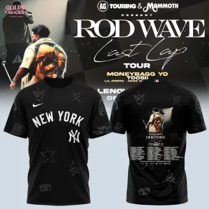Front and back view of the black Rod Wave x New York Yankees 2025 tour t-shirt featuring the Last Lap tour graphic.