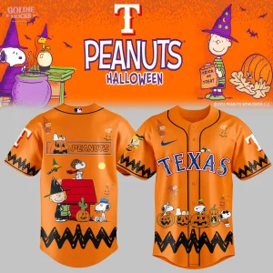 Front and back view of the orange Texas Rangers Peanuts Halloween jersey with Charlie Brown's zig-zag pattern at the bottom.