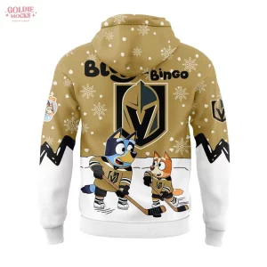 Back of the gold hoodie showing Bluey and Bingo playing hockey in front of the Vegas Golden Knights logo.