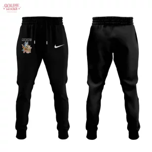 Front and back view of black sweatpants with a small Vegas Golden Knights Bluey and Bingo graphic on the left thigh.